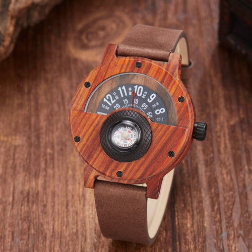 Gentleman Grace GRACE AXIS compass wooden watch with round face, wooden strap, and minimalist design.