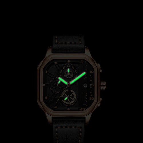 Gentleman Grace NOVA EDGE watch with sleek black dial, silver case, and leather strap, showcasing modern men's wristwatch design.