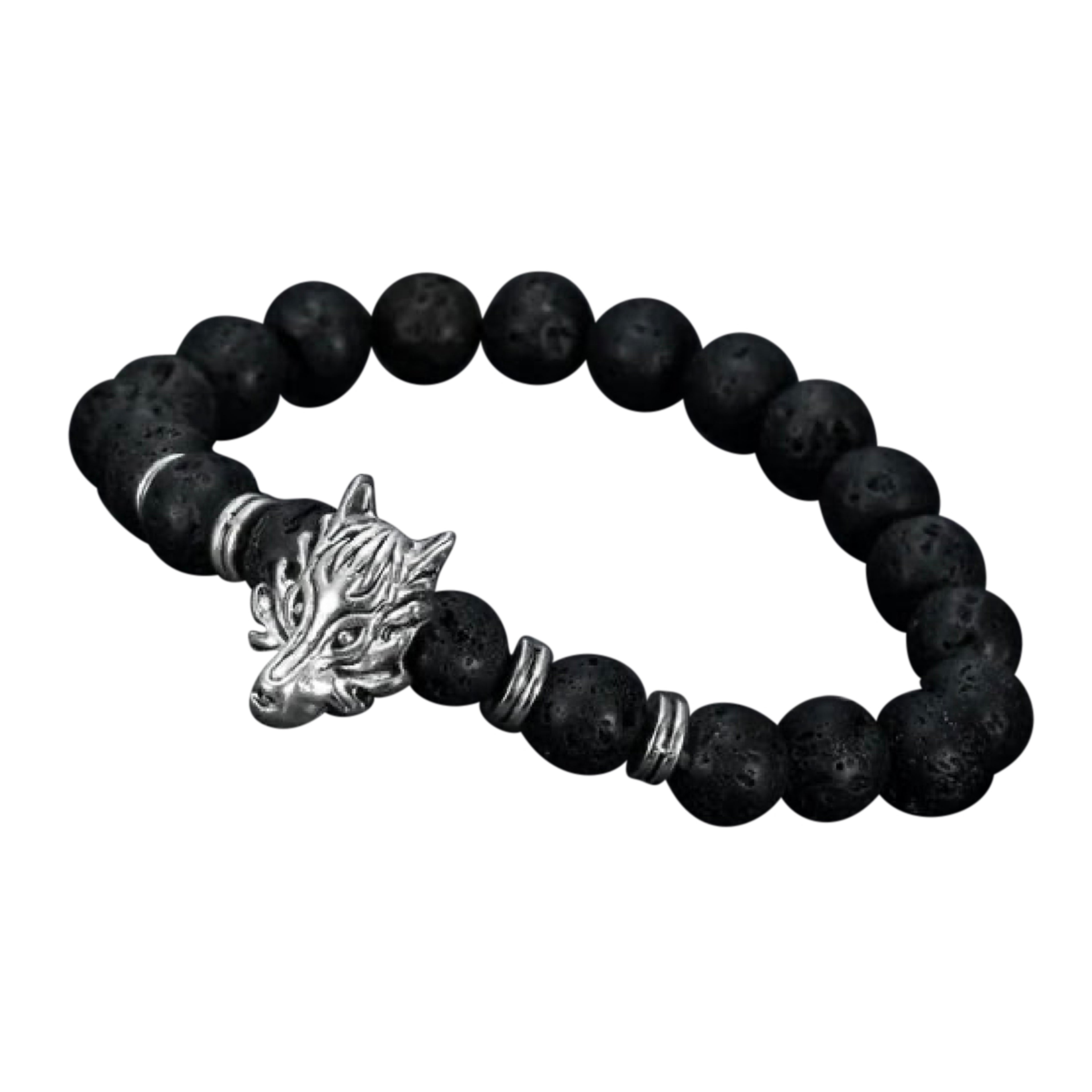 Asgard Crafted Grey Wolf Head And Lava Stone Bracelet